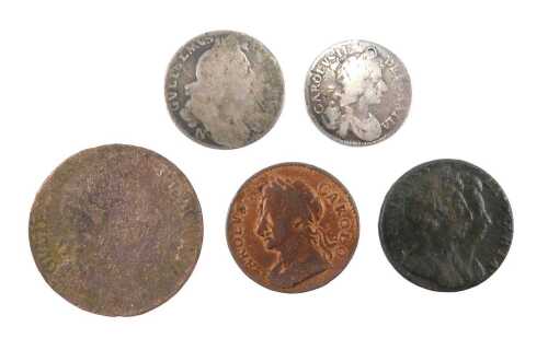 Coins. A Charles II four pence, William and Mary half penny, William III Norwich style six pence,...