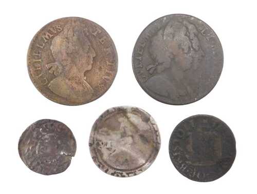Various coins. A William III half penny, a James I six pence, a Bristol type farthing, early...