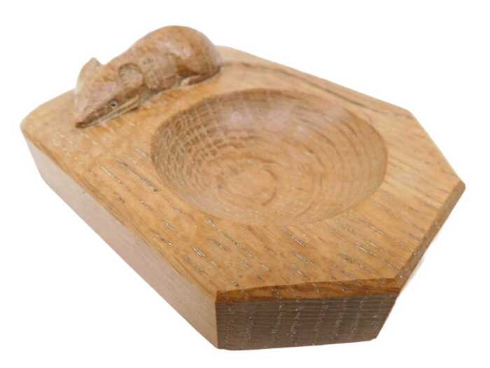 A Robert Thompson of Kilburn Mouseman oak ashtray, of shaped rectangular form, with canted ends...