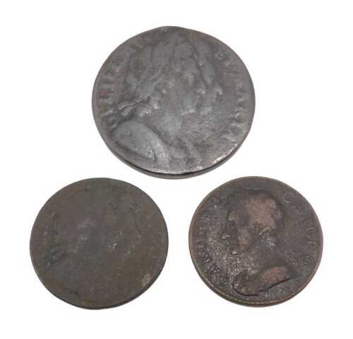Coins. A William and Mary half penny, probably 1694, a William and Mary farthing, probably 1694,...