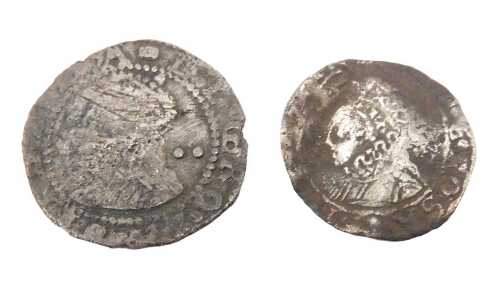 Coins. An Elizabeth I two pence and a one pence. (2)