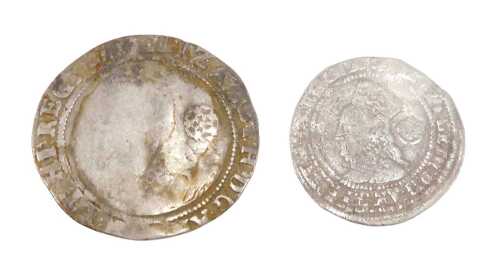 Various coins. An Elizabeth I six pence 1582, and a threepence probably 1575. (2)