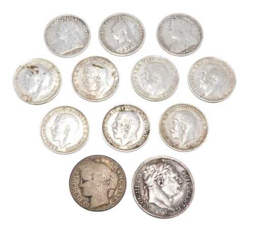 Coins. A George III silver six pence 1816, and a small quantity of Victorian and later silver...