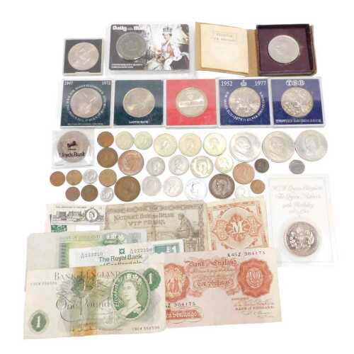 Various coins and banknotes, a one pound note CE6W, with G print mark (AF), various other...