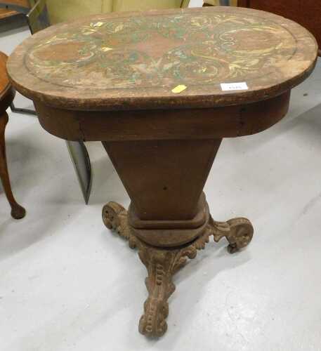 An unusual 19thC work box, of oblong form with stencilled scroll and floral top, on a tapering...