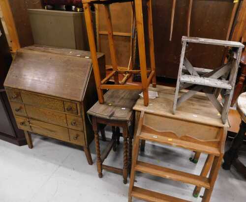 Various furniture, bureau, oak barley twist table, small step ladder, plank top rustic table,...