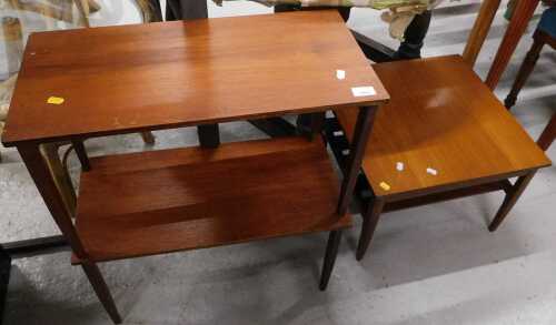A teak two tier side table, and a further square teak table.