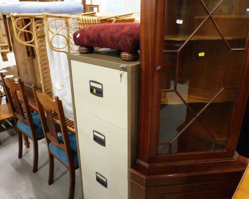 Various furniture and effects, two Edwardian mahogany and boxwood strung dining chairs, with...