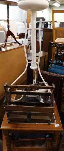 Various furniture, glass topped table, overstuffed stool, newspaper rack, octagonal table,...