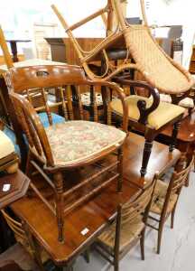 Various furniture, early 20thC draw leaf table, with canted corners, ropework chairs, various...