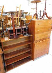 Various furniture, narrow display shelves, open bookcase, side table, tripod table, pair of teak...
