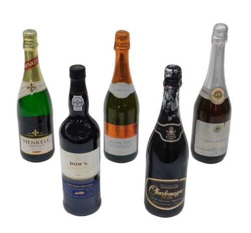 A bottle of Dow's Renown Port, other bottles, to include Sharlemagne Noir Premium, Henkell...