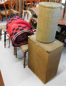 Furniture, to include various chairs, Lloyd Loom style linen basket, and a red and black...
