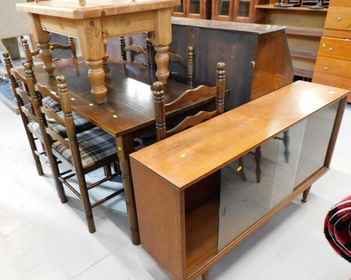 Various furniture and effects, a pine oblong top coffee table, stained pine rectangular table...