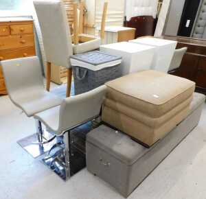Various furniture and effects, large overstuffed ottoman, footstool, kitchen chairs, dining...