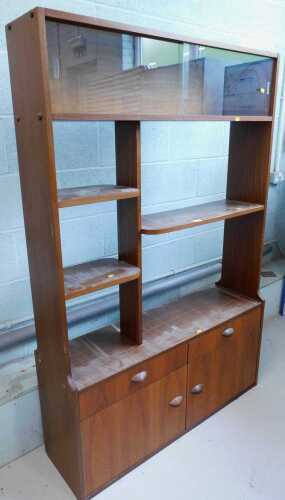 A pine compactum cupboard, and a retro teak open bookcase with glazed doors to the top. (AF)