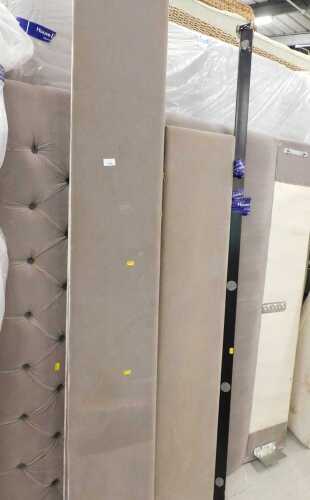 A 58" wide bed surround, comprising sleigh type suede button grey headboard, footboard, supports...