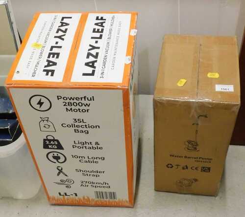 A Lazy Leaf 3-in-1 garden vacuum, other boxed items, water barrel pump, etc. (2, contents unknown)