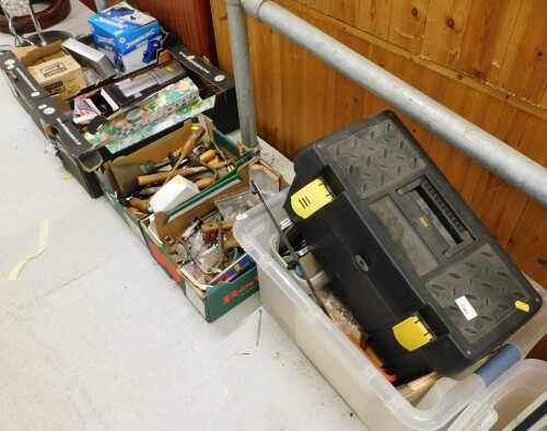 Various tools, hand tools and effects, 710w part boxed planer, wire brushes, various other hand...