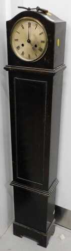 An oak stained eight day granddaughter clock, of small proportion, with key, 124cm high. (AF)