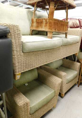 A high quality three piece conservatory suite, in rope design, comprising two seat sofa and two...