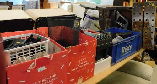 Various tools and related items, parcel tape, protective gloves, hammers, tool chest, various...