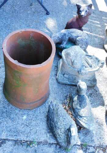 Various garden statues, concrete ducks, fox cub, etc. (a quantity)