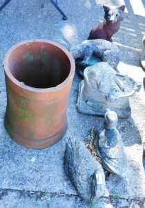 Various garden statues, concrete ducks, fox cub, etc. (a quantity)