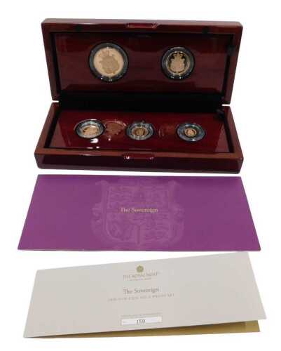 A Royal Mint The Sovereign 2025 five gold proof set, comprising five sovereign piece, double...