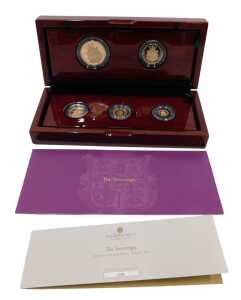 A Royal Mint The Sovereign 2025 five gold proof set, comprising five sovereign piece, double...