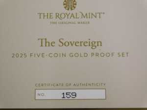 A Royal Mint The Sovereign 2025 five gold proof set, comprising five sovereign piece, double... - 8