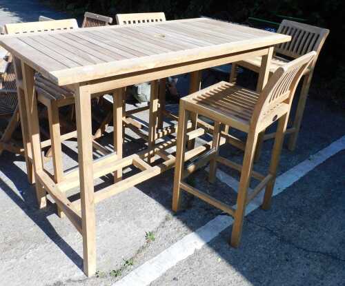 A Lifestyle Teak slatted high rectangular exterior bar table, with space for parasol, and four...