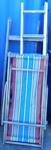 Garden hand tools, folding step ladder, folding deck chairs, etc. (a quantity)