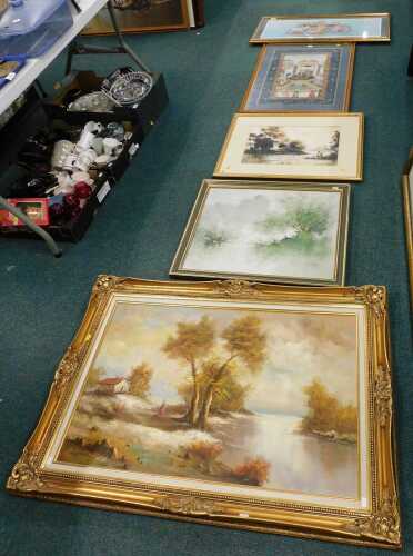 Various prints, pictures, frames, etc., Indian School, print on silkwork, a further large oil on...