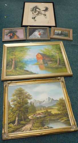 Various prints, pictures, etc., Japanese School, horse, wash, signed, ship docking, oil on board,...