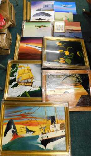R Atkinson (20thC). Various acrylics, oils, etc., aeronautical picture, sampler 1925-2002,...