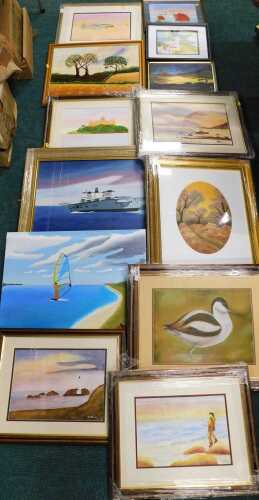R Atkinson (20thC). Various pictures, oil on canvas, wind surfer, aeroplanes in flight, various...