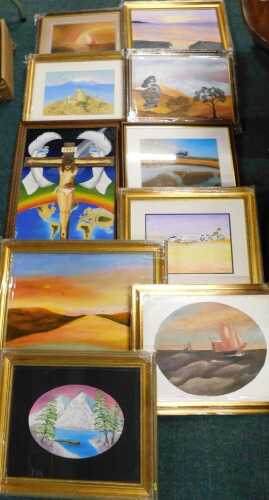 R Atkinson (20thC). Various pictures, aeroplane in flight, watercolour, signed, pastel drawing...