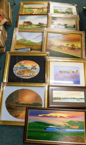 R Atkinson (20thC). Various oil paintings, pictures, etc., elephant and stuck lion, oil on...