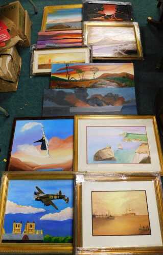 R Atkinson (20thC). Various pictures, landscapes, etc., mountains on a twilight evening, oil on...