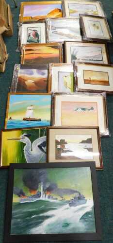 R Atkinson (20thC). Various pictures, landscapes, etc., ship on calm waters, watercolour, signed,...