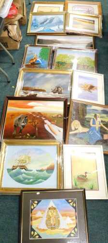 R Atkinson (20thC). Landscape, ships before tower on a twilight evening, watercolour, various...