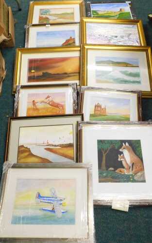 R Atkinson (20thC). Landscape, seagulls before castle and hills, watercolour, signed, aeroplanes...