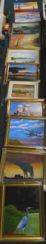 R Atkinson (20thC). Various pictures, etc., war planes in flight, oil on canvas, signed, various...