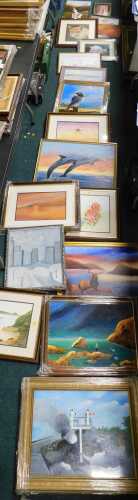 R Atkinson (20thC). Various pictures, landscapes, waterfall with trees and hills in the distance,...