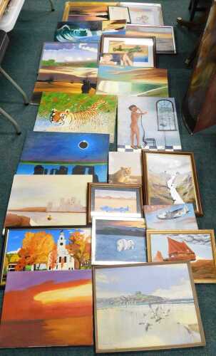 R Atkinson (20thC). Various paintings, landscapes, oils, etc., and a Reeves Arts and Crafts...
