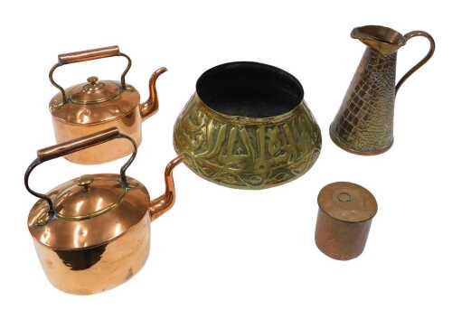Various metalware, two early 20thC copper kettles, an Eastern brass jardiniere or spittoon of...