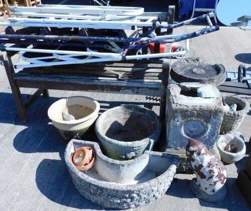 Various plant pots, planters, cat ornament, bench, folding step ladders, etc. (a quantity, AF)