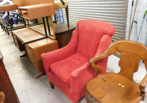 A group of furniture, consisting of a 1920s oak office chair, with heavy back splat, shaped seat...