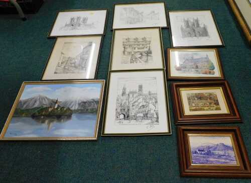 Various pictures, prints, Lincoln Cathedral and others, oil on board, etc. (a quantity)